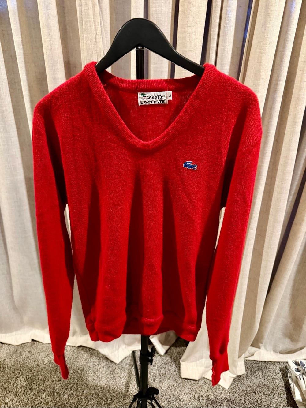 Lacoste Women's Red V-Neck Sweater with Embroidered Croc